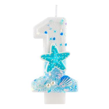 Imagem de Vela de 1º aniversário com tema oceano, número 1, azul, branca, estrela-do-mar, pérolas, glitter, velas, enfeite de bolo, decoração para meninos e meninas, chá de bebê, aniversário, festa de