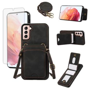 Imagem de Asuwish Capa de telefone para Samsung Galaxy S21 5G 6,2 polegadas capa carteira com protetor de tela de vidro temperado e alça de pulso transversal couro flip porta-cartões acessórios de celular S 21