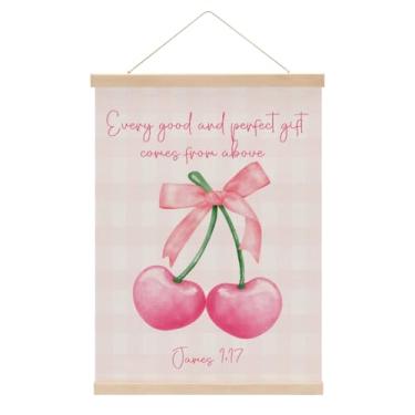 Imagem de Cabide de pôster de arte de parede de banheiro cereja rosa, gancho de pôster de cereja com laço para pendurar na sala de estar em casa, decoração de arte de parede cristã James 1:17, presentes de