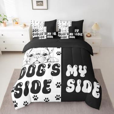 Imagem de Conjunto de edredom com estampa de patas fofas de cachorro, tamanho solteiro, My Side Dog Side para meninos e meninas, animais de estimação Kawaii Bulldog (edredom + lençol de cima + 2 fronhas + 2