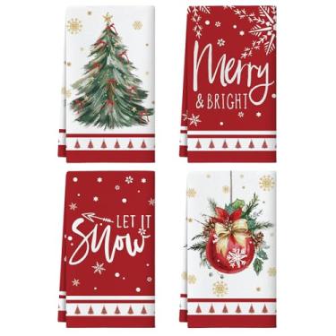 Imagem de OTOSTAR Toalhas de cozinha de Natal para árvores de Natal 45,7 x 66 cm Let It Snow Bauble Winter Holiday Baking Pano de prato para decoração de cozinha Toalhas de mão de secagem Conjunto de 4