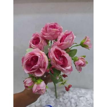 Imagem de Ramo Decorativo com 5 Rosas Artificiais para Arranjo – Flor para Decoração de Casa 30cm (Rosa com pink,2 Unidade)