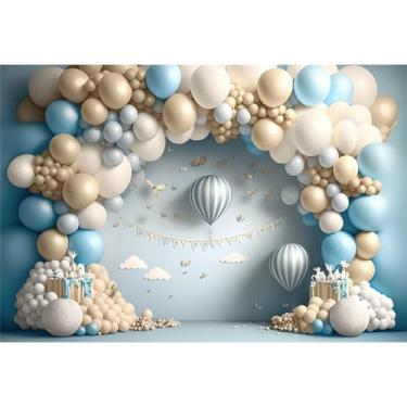 Imagem de Leyiyi Balões 3D de 3,7 x 2,4 m, pano de fundo para meninos, festa de 1º aniversário, branco, azul, céu azul, nuvens brancas, fundo fotográfico, cenário de primeiro aniversário, adereços para cabine