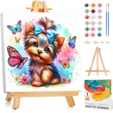 Imagem de Arttoplus Kit de pintura de cachorro por números para crianças com moldura, pintura infantil fofa por números de 8 a 12 anos com cavalete de madeira, pintura a óleo de animais DIY fácil por número