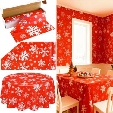 Imagem de Oudain Rolo de toalha de mesa de Natal de 30,5 m x 137 cm, floco de neve, com caixa cortadora, vermelho com flocos de neve brancos, cobertura de mesa de plástico, pano de fundo de inverno, para
