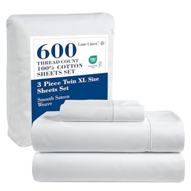 Imagem de LANE LINEN Conjunto de lençóis 600 fios, 100% algodão, branco, solteiro, GG, macio e confortável, perfeito para camas de hospital, algodão mercerizado, totalmente elástico, sedoso, macio, branco