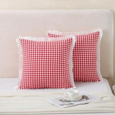 Imagem de Mywinlle Capas de almofada decorativas de renda xadrez vermelha para sofá, pacote com 2 fronhas xadrez vintage de algodão lavado guingão para cama, sofá, sala de estar - 46 x 45 cm