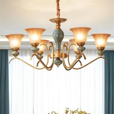 Imagem de Lustre de luxo europeu para sala de estar, estilo retrô americano, em cerâmica, para restaurante, quarto, escritório, hotel, casa de campo ou café, com luminária pendente de LED (6 lâmpadas