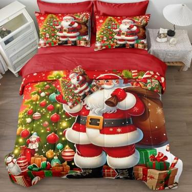 Imagem de Bedding_Dreamer Edredom Queen de Natal, cama vermelha, 8 peças, Papai Noel, Feliz Natal, floco de neve, decoração de casa com 1 capa de almofada, macia e leve