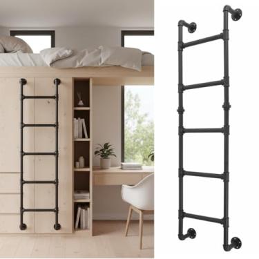 Imagem de Escada de saída de 165 cm para poço de janela de porão, escada de metal montada na parede de 5 degraus, ferro forjado com capacidade de carga de 150 kg, resistente para uso interno e externo, beliche