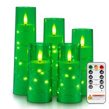 Imagem de Raycare Vela sem chama com temporizador remoto – 5 velas de pilar LED cintilantes de acrílico operadas por bateria com cordão de estrela embutido para o Natal, decoração de casa e como presente (verde