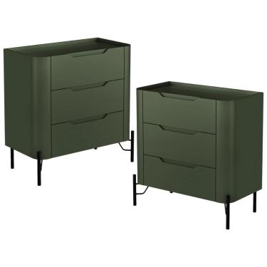 Imagem de Kit 02 Mesas De Cabeceira Orgânica 3 Gavetas Pés Industrial Preto Bliss I03 Musgo - Lyam Decor