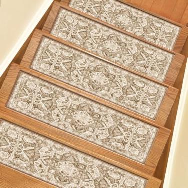 Imagem de Escadas antiderrapantes para degraus de madeira, 15 peças de tapetes de escada com adesivo traseiro, 20 x 76 cm, lavável e reutilizável, tapetes de segurança para crianças, idosos e cães