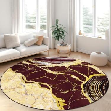 Imagem de ASPMIZ Tapete redondo de mármore 1,2 m, tapetes laváveis vermelhos e dourados para sala de estar, tapetes circulares de lã sintética antiderrapante, tapete macio moderno de baixo perfil para sala de