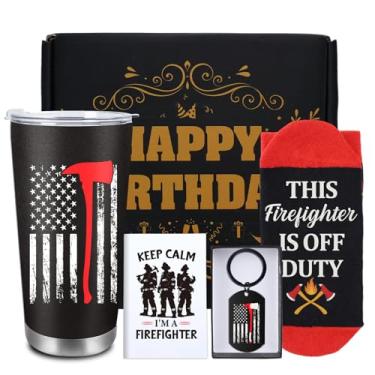 Imagem de INCOK Conjunto de presente de bombeiro para homens, 4 peças de presentes de bombeiro com caneca de copo de aço inoxidável de 590 ml, chaveiro e berço, caixa de presente para pai, ideias de presentes
