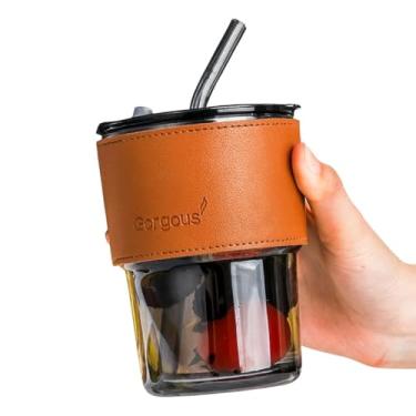 Imagem de Presente estilo Retrô, Caneca Criativa, Copo de Vidro com Tampa Acrílica, Detalhe em Couro Sintético e Canudo de Vidro – 440ml - Ambar-Marrom e Cinza-Acinzentado