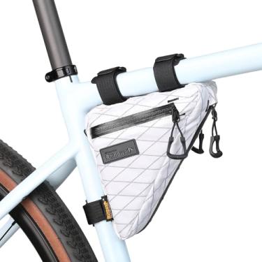 Imagem de Rhinowalk Bolsa triangular para quadro de bicicleta, bolsa de armazenamento compacta à prova d'água com zíperes YKK, design com vários bolsos, não esfrega as pernas – 0,9 L, branca