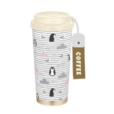 Imagem de SEHANY Caneca de viagem de pinguim fofa de 482 g Copos de café reutilizáveis revestidos de cerâmica com tampa à prova de vazamento, parede dupla, isolamento a vácuo, copo de café de aço inoxidável