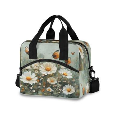 Imagem de ATTX Lancheira isolada para piquenique de praia de trabalho, bolsa térmica portátil com alça removível - à prova de vazamento aquarela prado design margaridas lancheira para homens e mulheres #415