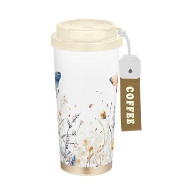 Imagem de SEHANY Caneca de viagem borboleta e flores de 482 ml Copos de café reutilizáveis revestidos de cerâmica com tampa à prova de vazamento, parede dupla, isolamento a vácuo, copo de café de aço inoxidável