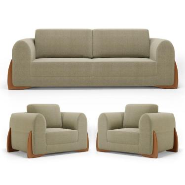 Imagem de Kit 02 Poltronas E 01 Sofá Bloom 220cm 03 Lugares Com Pés De Madeira Bouclê Bege - Abmaza