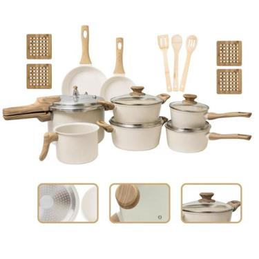 Imagem de Jogo de Panelas Antiaderente Cerâmico Fogão Indução Kit 15 Peças Vanil
