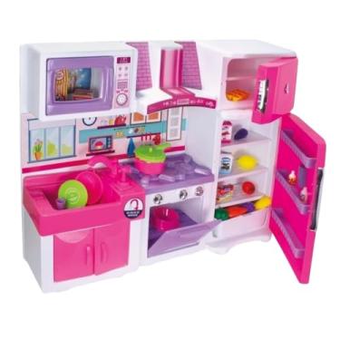 Imagem de Cozinha de Brinquedo com Geladeira, Fogão, Armário e Coifa, Rosa com Branco, Plástico, 64x18x83cm, a partir de 3 anos