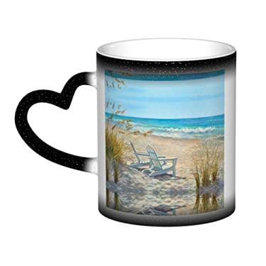 Imagem de Cena de praia com cadeiras xícara de café divertida, xícara de cerâmica mágica sensível ao calor que muda de cor 12 Oz, para café/chá/leite/cacau, para adolescente/aniversário/festival/presentes
