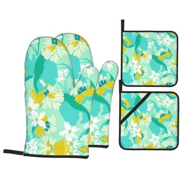 Imagem de Conjunto de luvas de cozinha com estampa de plantas tropicais com suportes de tampa, luvas de forno resistentes ao calor para manusear panelas quentes, grelhar, churrascos, kit de 4 peças.
