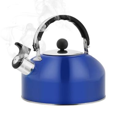 Imagem de Yadlan Chaleira de assobio de 1,8 L, chaleira a gás de aço inoxidável, garrafa durável para acampamento | Panela leve para viagens, caminhadas, cozinhar, bule de chá com cabo ergonômico azul