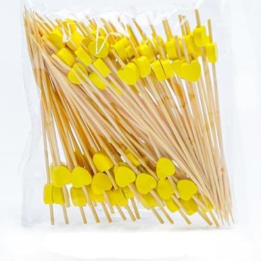 Imagem de 100 palitos de coquetel de coração, palitos de bambu de coração de 12 cm para aperitivos, espetos de dia dos namorados, palitos decorativos de frutas (amarelo)