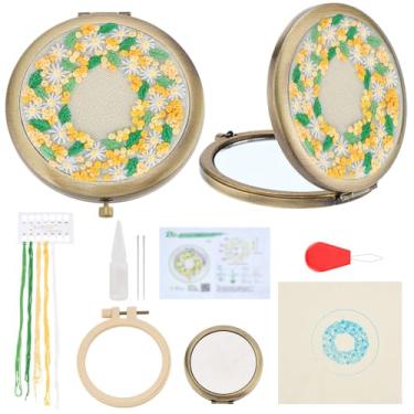 Imagem de WEBEEDY Kit de bordado espelhado para iniciantes, kit de bordado à mão, espelho de maquiagem frente e verso, faça você mesmo, com estampa floral para aniversário, dama de honra, bordado, presente para