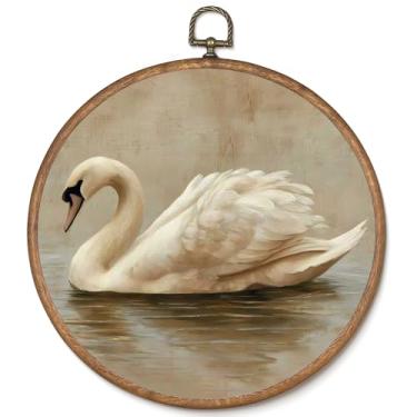 Imagem de uniro Arte de parede emoldurada de cisne vintage, decoração minimalista elegante de cisne redondo, arte de arte de animais neutros, decoração de quarto para quarto, sala de estar, banheiro, casa de