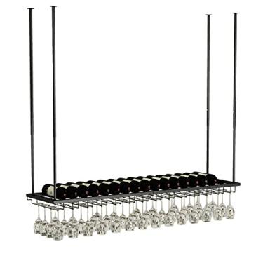 Imagem de Prateleira suspensa de teto, rack de vinho, altura e largura ajustáveis barra de teto de metal, rack de vinho e vidro montado na parede industrial