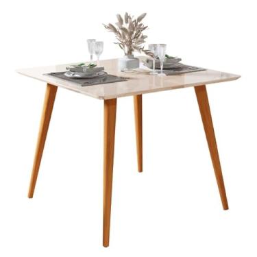 Imagem de Mesa de Jantar Quadrada, Tampo Branco, Pernas de Madeira, Estilo Moderno Mid-Century