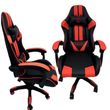 Imagem de Cadeira Gamer Ergonômica, Preta com Detalhes Vermelhos, Tecido e Espuma, Reclinável, Rodas PU, Base PP 320mm, 120x80x50cm