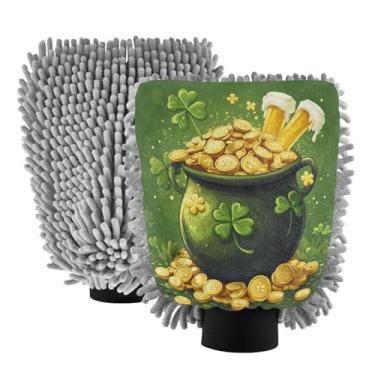 Imagem de CEBUGI Luvas de lavagem de carro com moedas de ouro trevo de quatro folhas, pacote com 2 luvas de microfibra sem arranhões para carros, caminhões, SUVs e mais