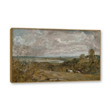 Imagem de Moldura de teca. Arte em tela romantismo estilo constable (paisagem 72), pintura de paisagem inglesa emoldurada, decoração de parede elegante para sala de estar escritório. 50 x 80 cm - 19,7 x 31,5