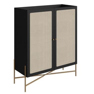 Imagem de Cristaleira Bar Armário Alto Oslo Artesano 93 Cm (larg) Mdp Nero Palha Sintética Base Metal Dourado