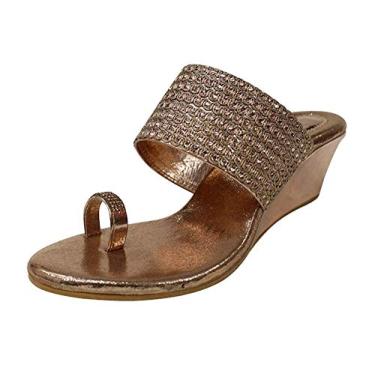 Imagem de STOP N STYLE Sandália indiana tradicional em ouro rosa feita à mão com salto cunha, Ouro rosa, 40