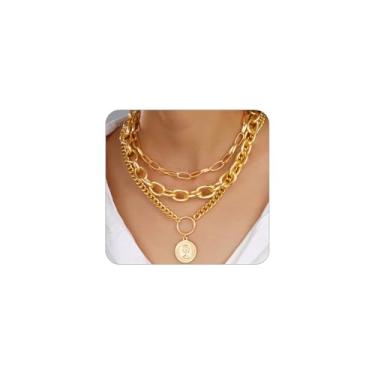 Imagem de Navirix Conjunto de 3 colares grossos de ouro para mulheres, conjunto de colares grossos empilháveis em camadas, pingente de moeda, colar de corrente cubana, Large, Liga de aço, Sem Pedra Preciosa
