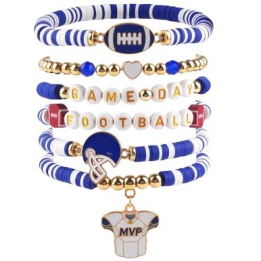 Imagem de Decorações de festa de futebol para Super Game Bowl 2026 - pacote com 6 pulseiras azuis para mulheres | Artigos de lembrancinhas de festa de futebol, acessórios, presentes de decoração para crianças e