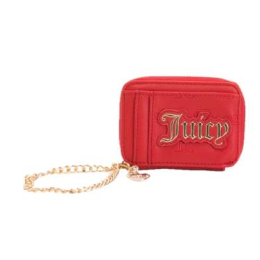 Imagem de Juicy Couture Carteira feminina pequena quadrada para cartões com corrente dourada – Carteira compacta com zíper, logotipo em relevo, porta-moedas pequenas e cartões (vermelha)