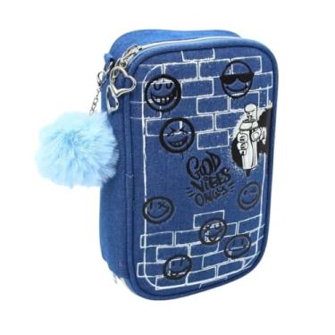 Imagem de Estojo Escolar Grande Good Jeans Divisórias Pompom Azul Volta as Aulas Unissex Menino Menina