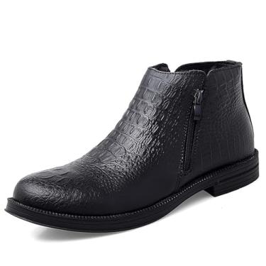 Imagem de Botas masculinas de couro genuíno com estampa jacaré, salto baixo, bico redondo, zíper lateral, botas sociais para trabalho de escritório, Preto, 41
