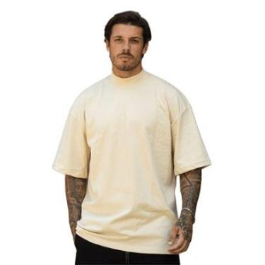 Imagem de Camiseta Oversized Gola Alta Lisa Basica Streetwear Confortavel Masculina Creme-Masculino