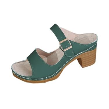 Imagem de Sandálias femininas de salto único com detalhe de fivela de metal salto grosso 7,5 cm altura bico aberto sapatos casuais de verão, Verde, 35