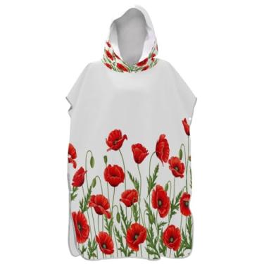 Imagem de Joisal Poncho de surfe com flores vermelhas de papoula para adultos, trocador de roupão, secagem rápida, ponchos adultos para mulheres, toalhas de banho com capuz