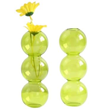Imagem de Pacote com 2 lindos vasos de bolhas para flores, vidro, moderno, bolha, para decoração de casa, vaso de flor único redondo decorativo para mesa (verde, 3 bolas 16,5 cm)