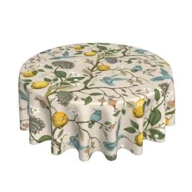 Imagem de JEFERSO Toalha de mesa redonda de pássaro floral azul verde 177 cm chinoiserie amarelo limão flores toalha de mesa sazonal poliéster primavera verão capa de mesa para cozinha, festa, jantar